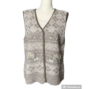 Susan Bristol Women's Fair Isle Vest Size L in Brown Beige Wool Silk Blend